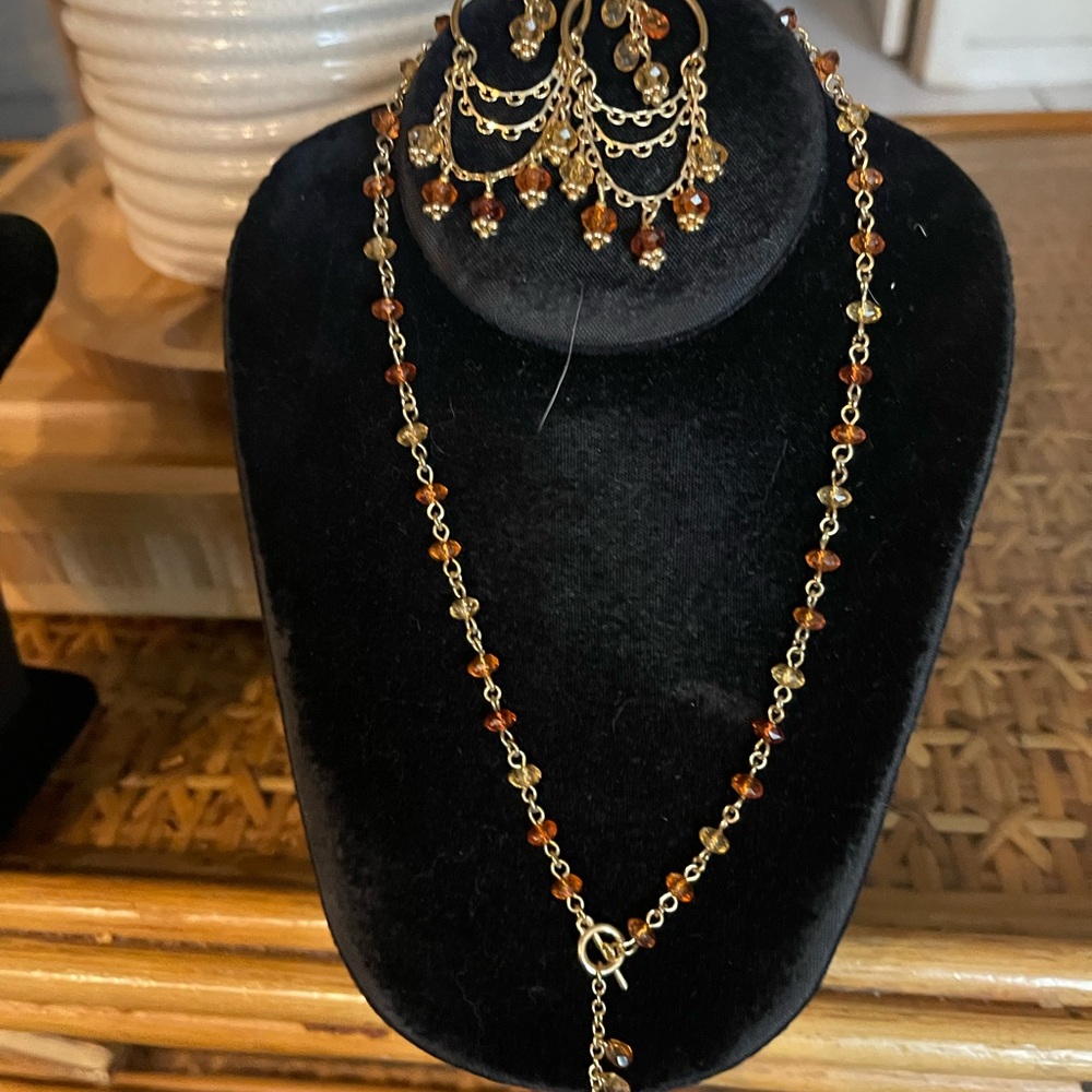 Avon Gold-Tone Necklace and Earrings with Amber Brown Beads